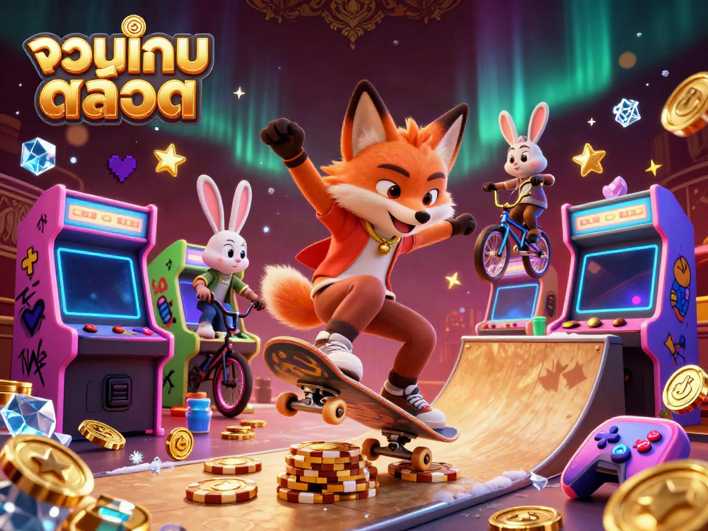 Play thrilling รวมเกมสล็อต adventures with a vibrant scene featuring a skateboarder fox and a BMX rabbit.
