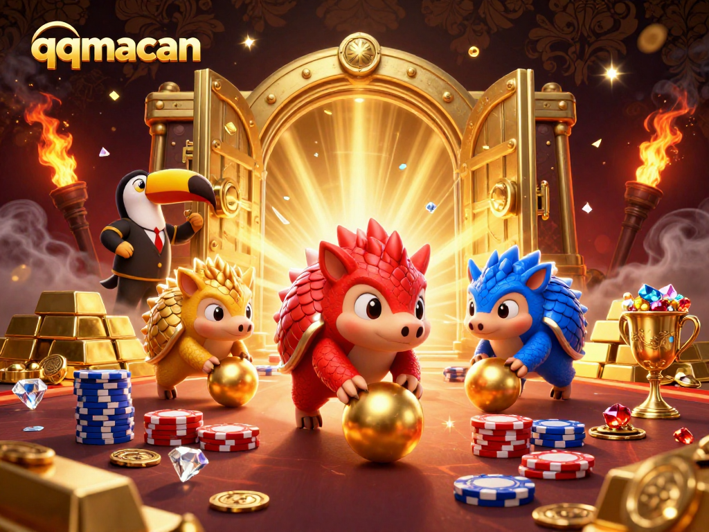 Engage in the thrilling qqmacan bowling showdown of rival pangolins amidst treasures and casino elements.