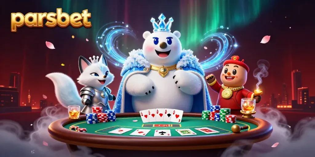 Parsbet ile poker masasında heyecan verici bir oyun anını yakalayan 3D karakterler.
