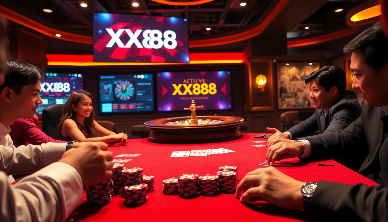 Experience the thrill of high-stakes gaming at XX88 casino with vibrant poker tables and immersive environments.
