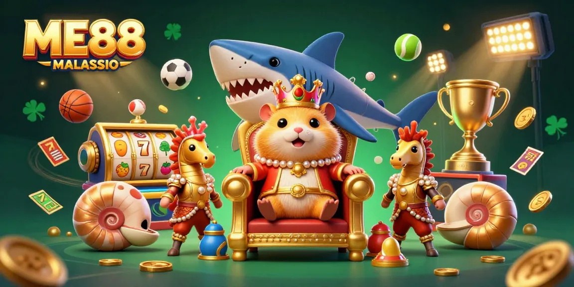 Experience the excitement at me88 online casino malaysia with a vibrant 3D illustration showcasing a hamster king and themed sports elements.