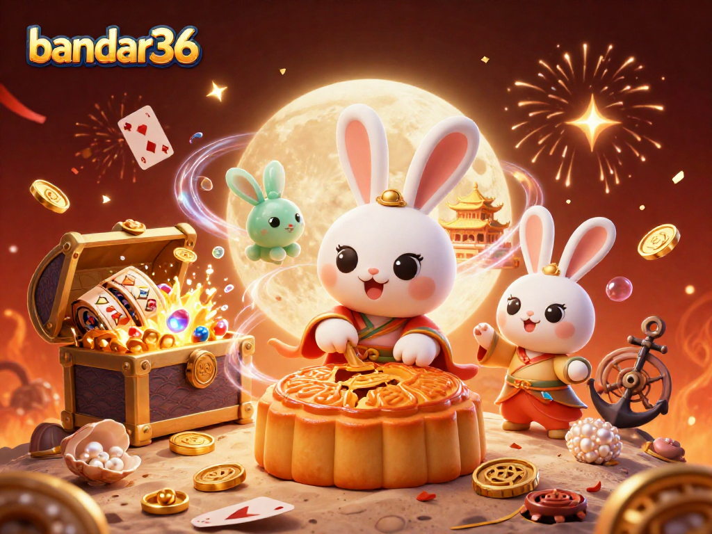 Bandar36 menyajikan ilustrasi kasino dengan kelinci bulan yang menggiling kue bulan, simbol poker, dan elemen slot.