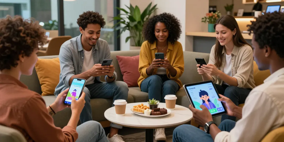 Users engaging with crushon ia in a vibrant tech lounge setting, showcasing animated characters on devices.