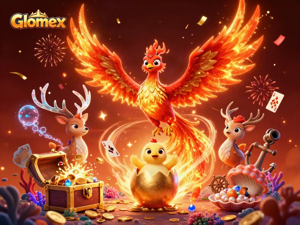 Experience Glomex gaming brilliance with a captivating phoenix, treasure, and casino action.