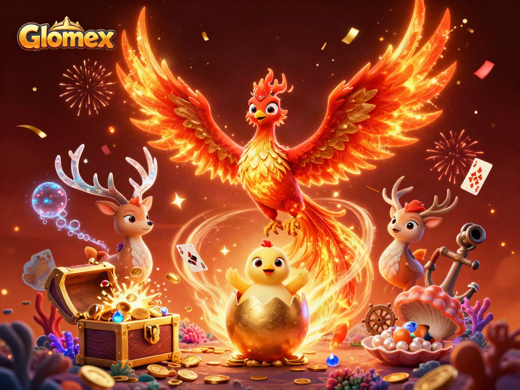 Experience Glomex gaming brilliance with a captivating phoenix, treasure, and casino action.