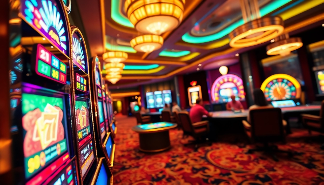 Engaging gamblers at a slot machine in a luxurious casino setting with vibrant gaming elements.