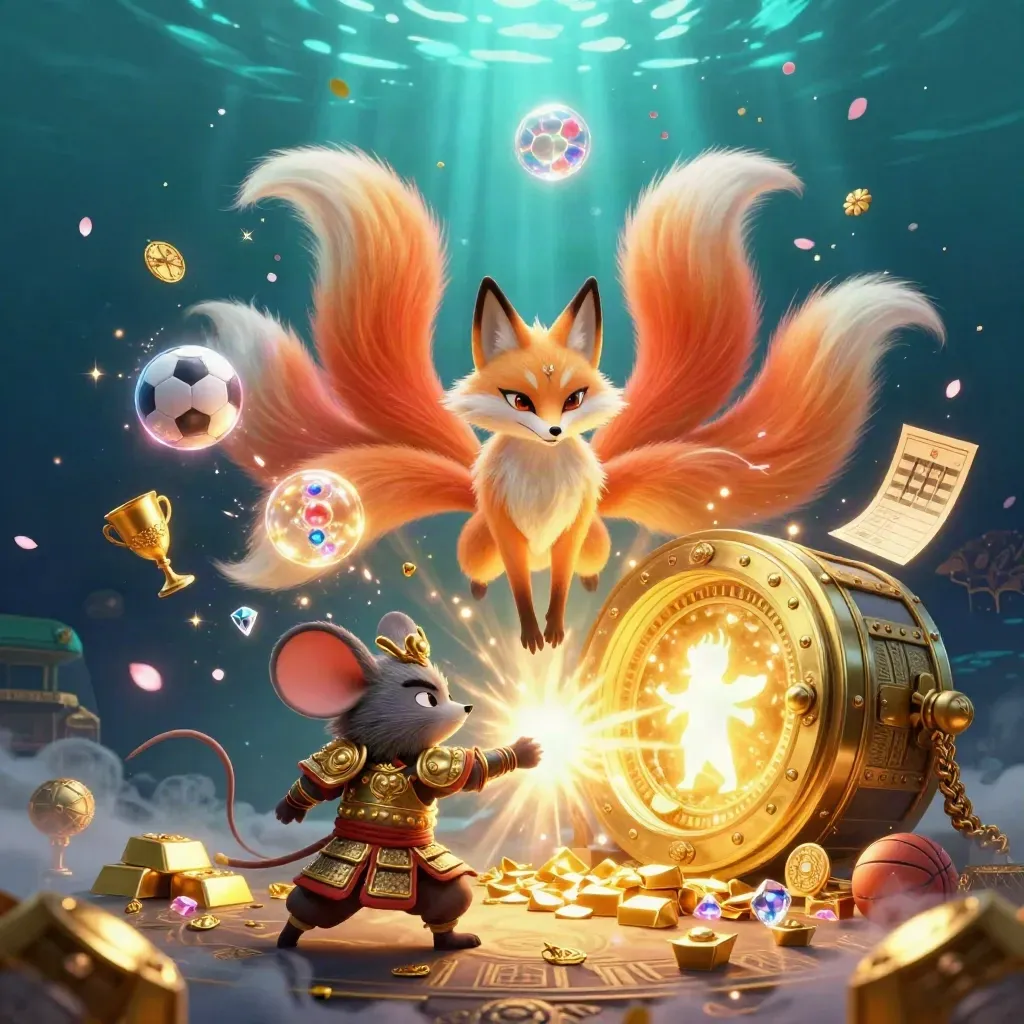 Fox spirit and mouse warrior amid treasure, sports props, and neon casino light.