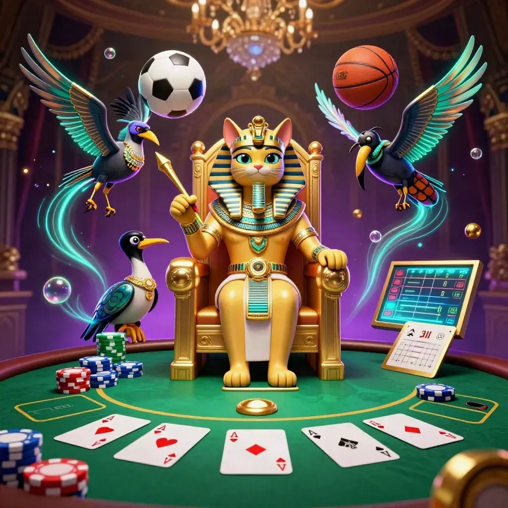 Pharaoh cat on throne with ibis scribe, scarabs, chips, cards, ball, and neon casino glow.