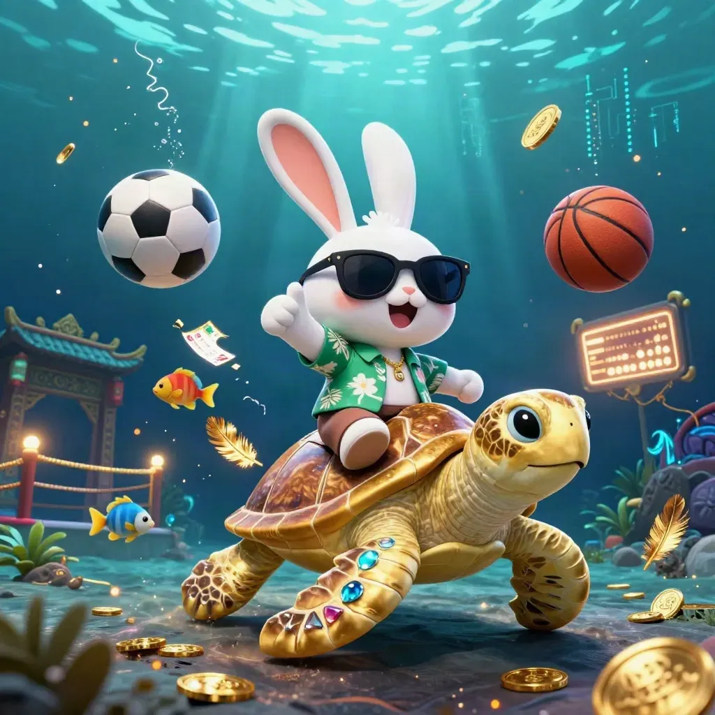 Cartoon rabbit on golden sea turtle amid sports gear, coins, temple gate, and neon casino lights.