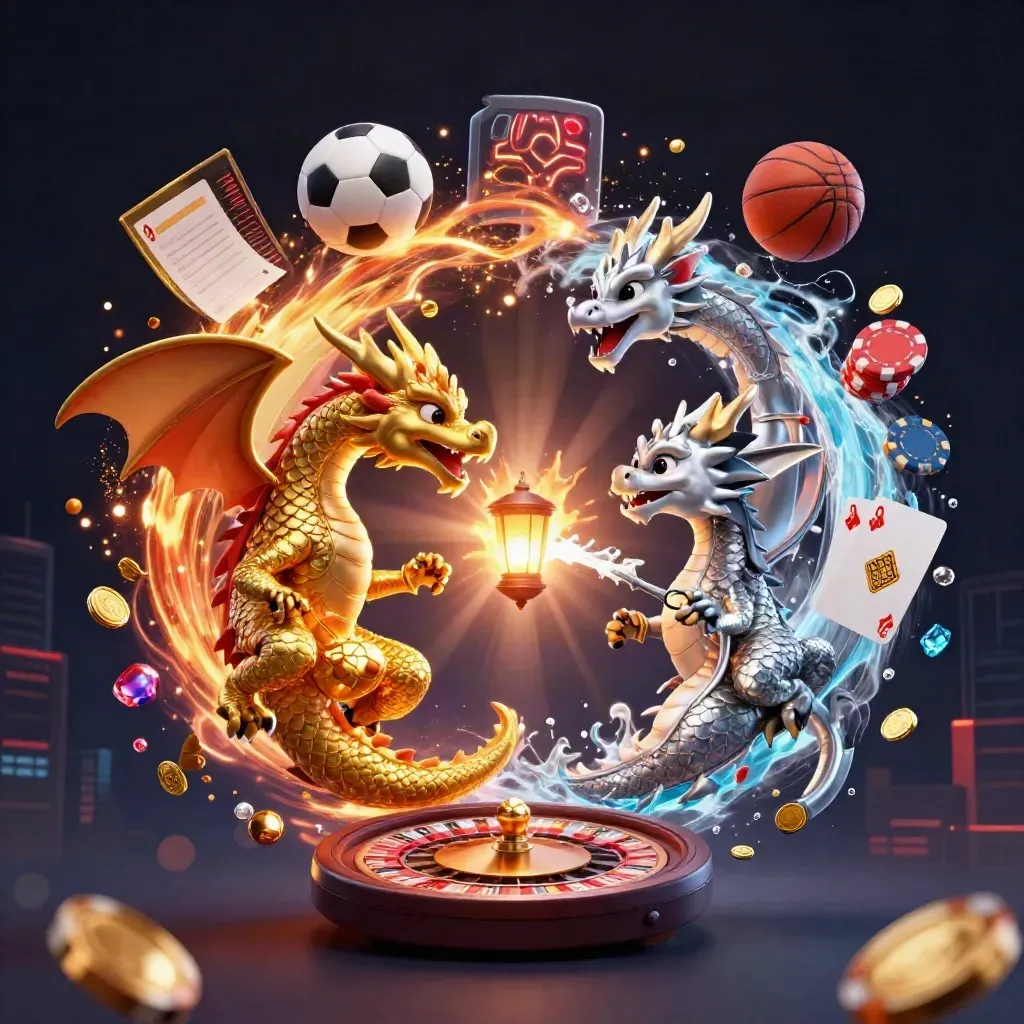 Twin gold and silver dragons spiral with coins, chips, cards, roulette wheel, and a glowing city backdrop.