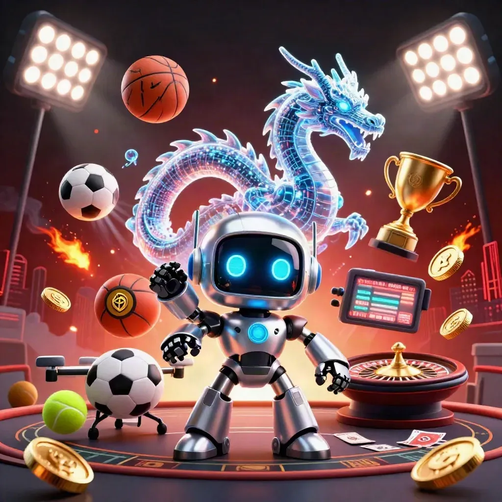 Robot mascot, holographic dragon, and coin drone in a neon casino sports scene.