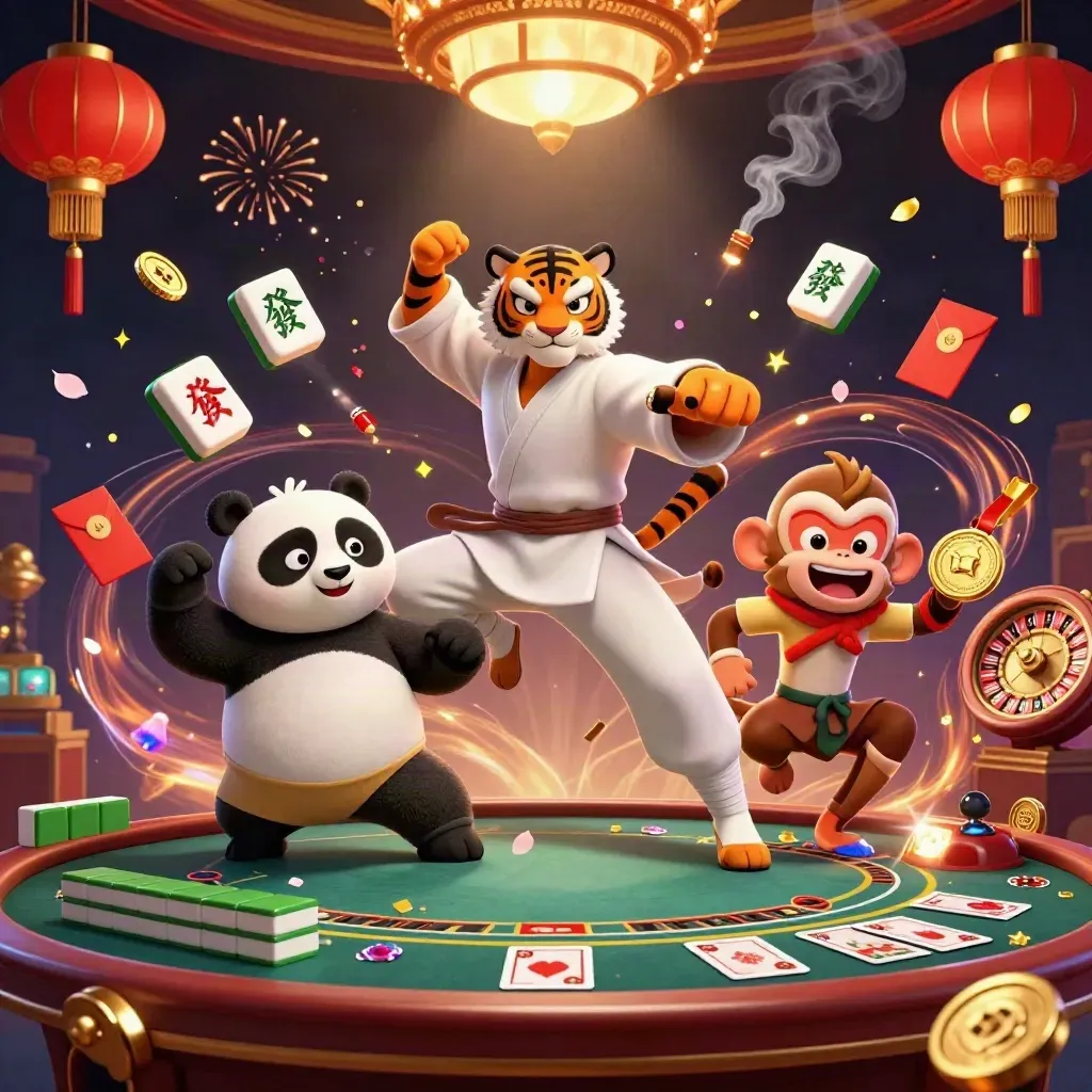 Kung-fu tiger, panda, and monkey amid casino magic, lanterns, coins, fireworks, and roulette glow.