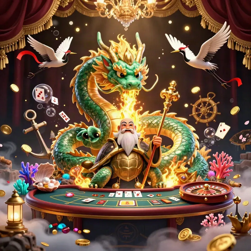 Emerald dragon, turtle sage and cranes in a luxe casino cove with gold fire and chandeliers