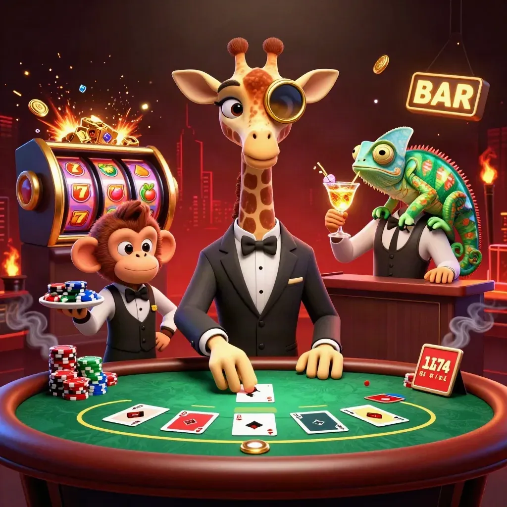 Giraffe gambler, monkey valet, and chameleon bartender amid chips, cards, embers, and neon glow.