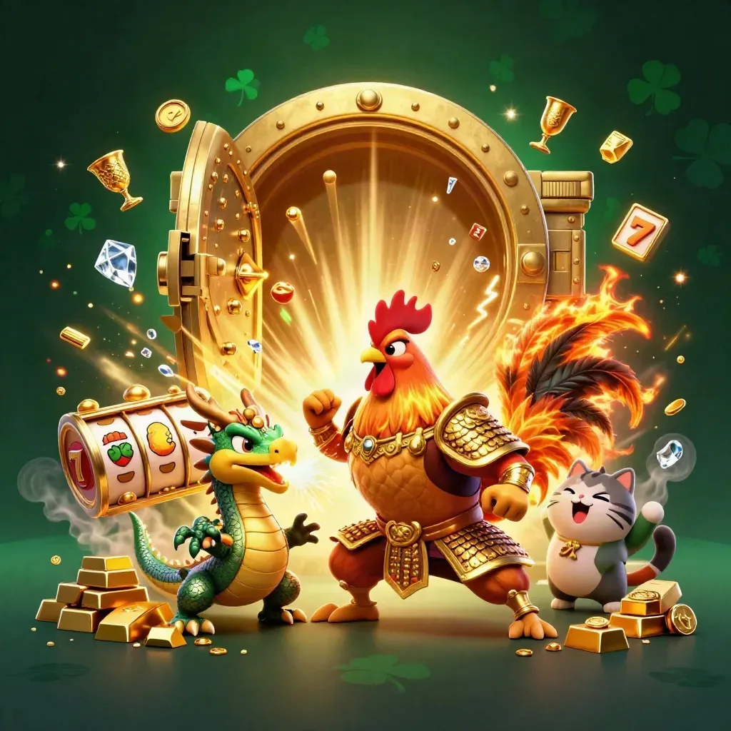 Rooster warrior, dragon hatchling, and fortune cat burst from a gold vault in emerald glow.