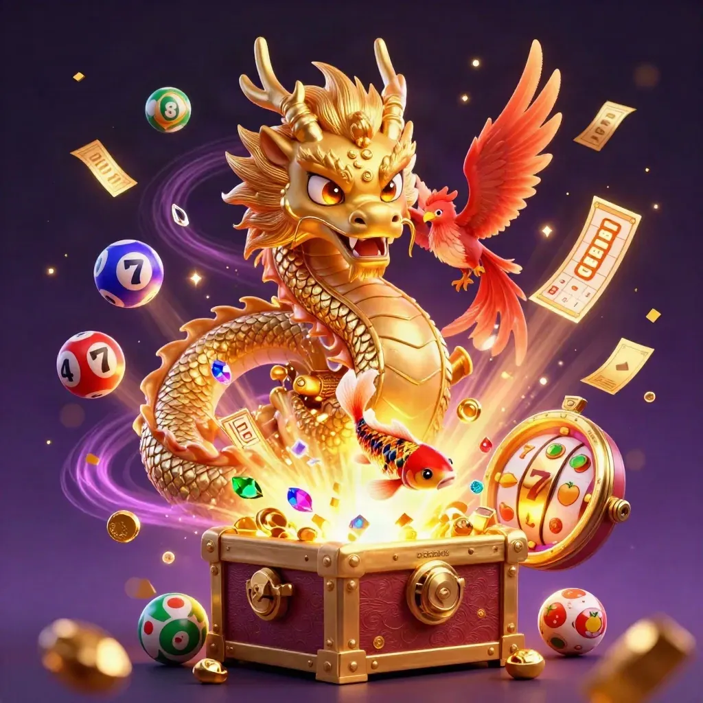 Golden dragon and phoenix over treasure chest with gems, lottery balls, reels, and glowing purple magic.