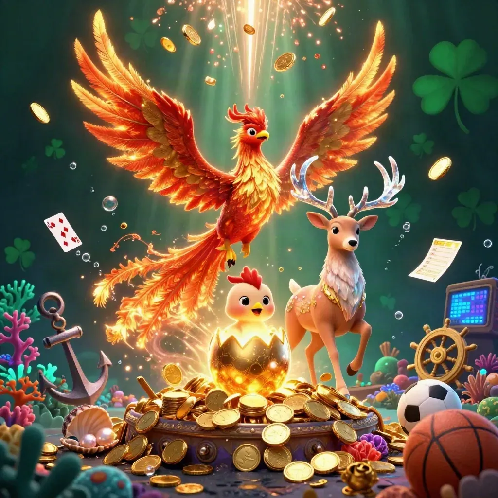 Phoenixes and a crystalline stag explode through a gold-coin treasure cove with casino props.