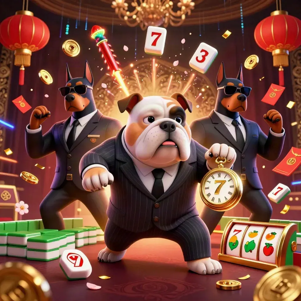 Cartoon bulldog boss with two Dobermans amid casino treasure bursts and neon energy.