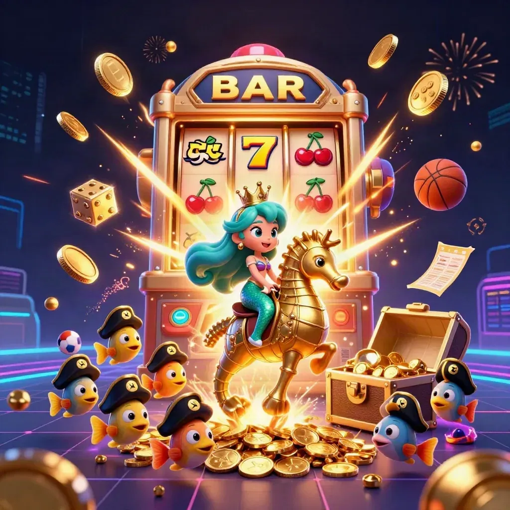 Mermaid princess on a golden seahorse amid slot bursts, coins, fish pirates, fireworks, and sports props.