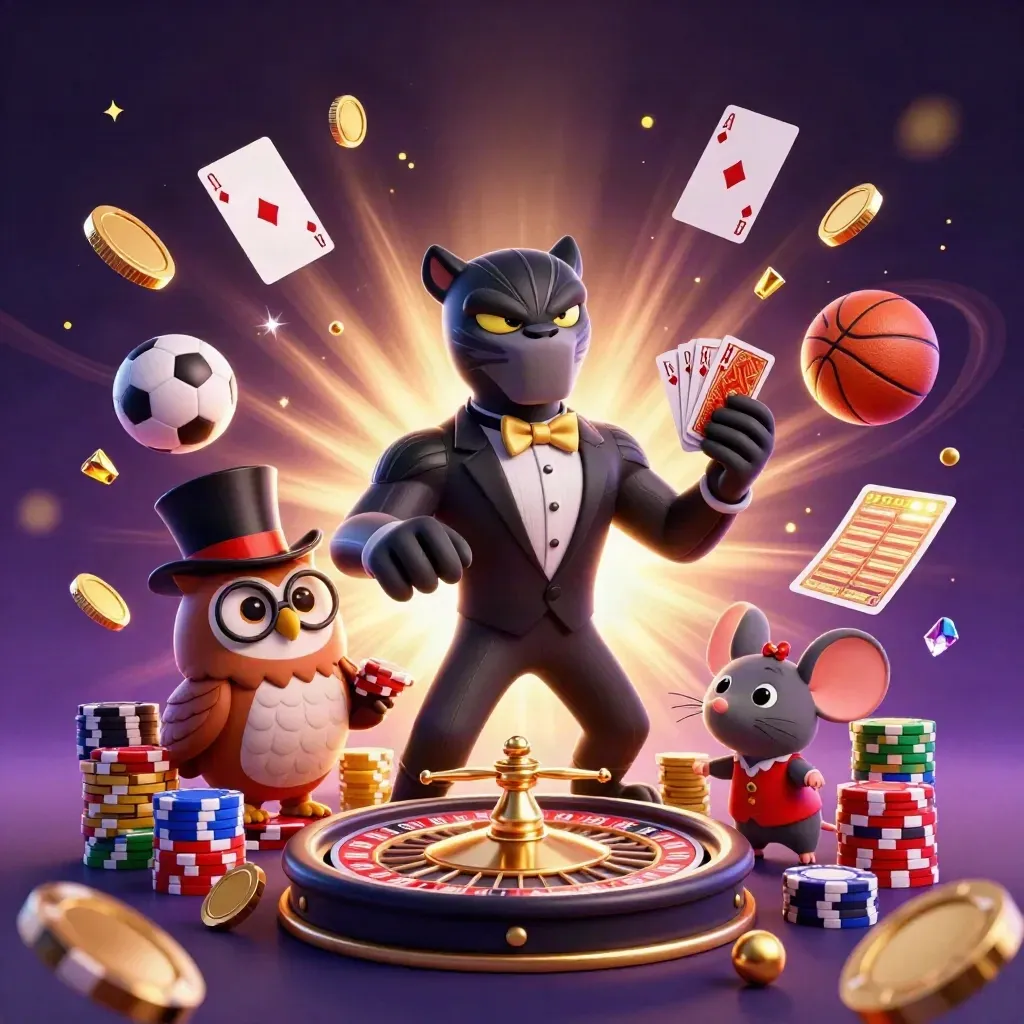 Panther, owl, and mouse amid exploding coins, roulette, cards, chips, and sports betting icons.