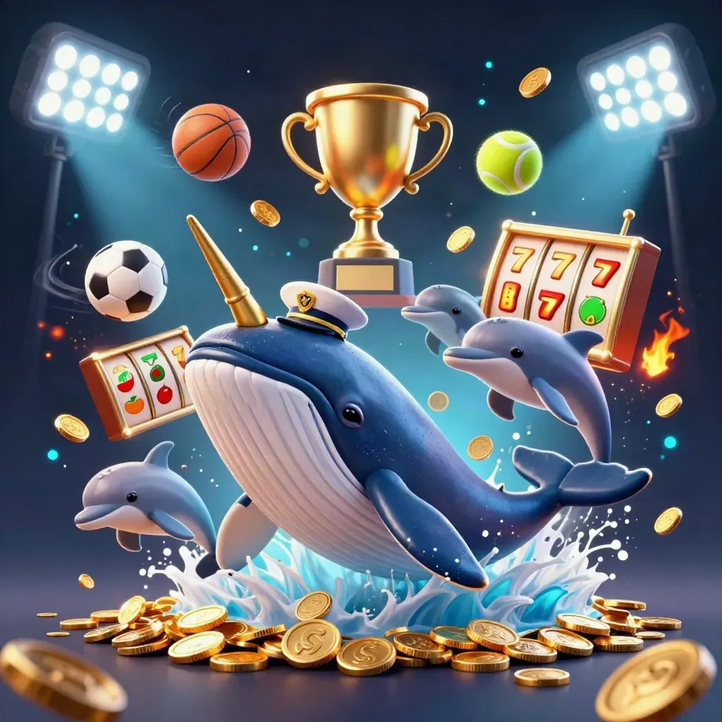 Whale captain, narwhal, and dolphins amid coins, sports balls, reels, and casino lights.