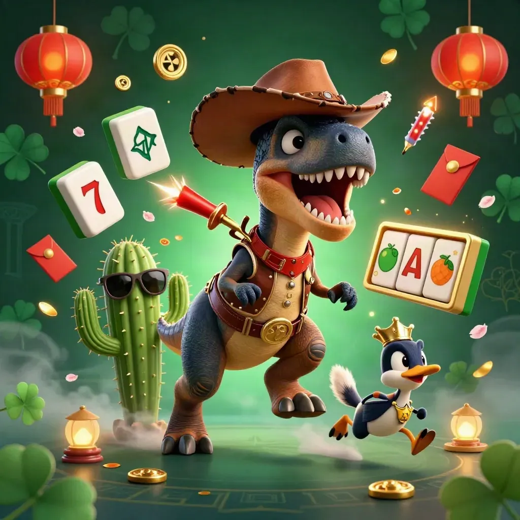 Cowboy T-Rex, cactus sidekick, and sheriff roadrunner amid casino charms on dark emerald glow.