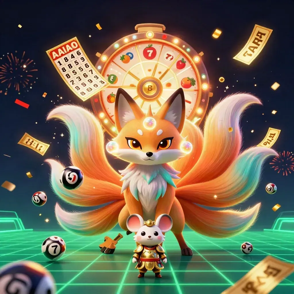 Nine-tailed neon fox spirit with a golden samurai mouse amid casino game bursts and glowing effects