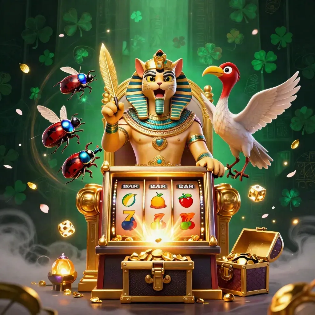 Pharaoh cat on a gold throne with ibis scribe, scarabs, slot burst, gold, and emerald glow.