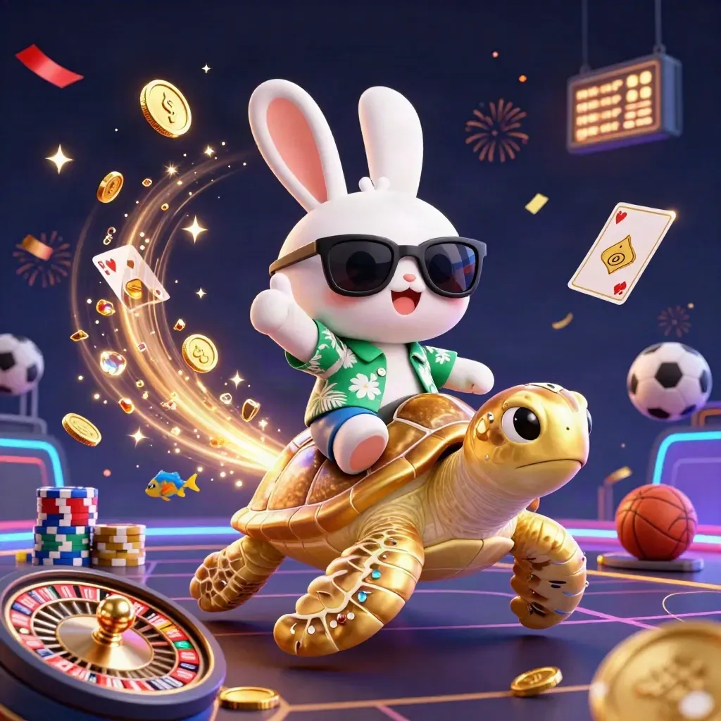 Lucky rabbit on a golden sea turtle with coins, chips, cards, sports balls and neon casino glow