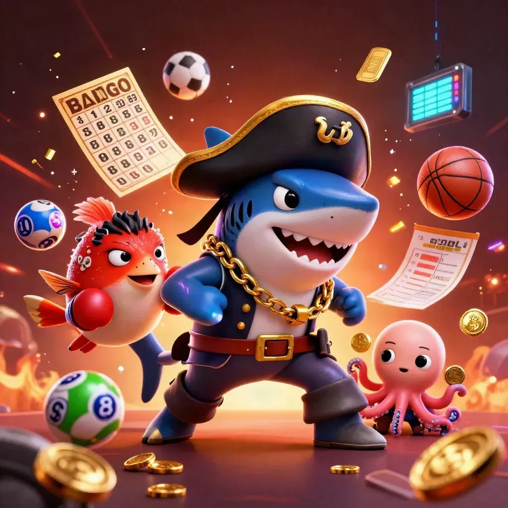 Pirate shark, boxing pufferfish, and juggling octopus amid casino sparks and sports icons.