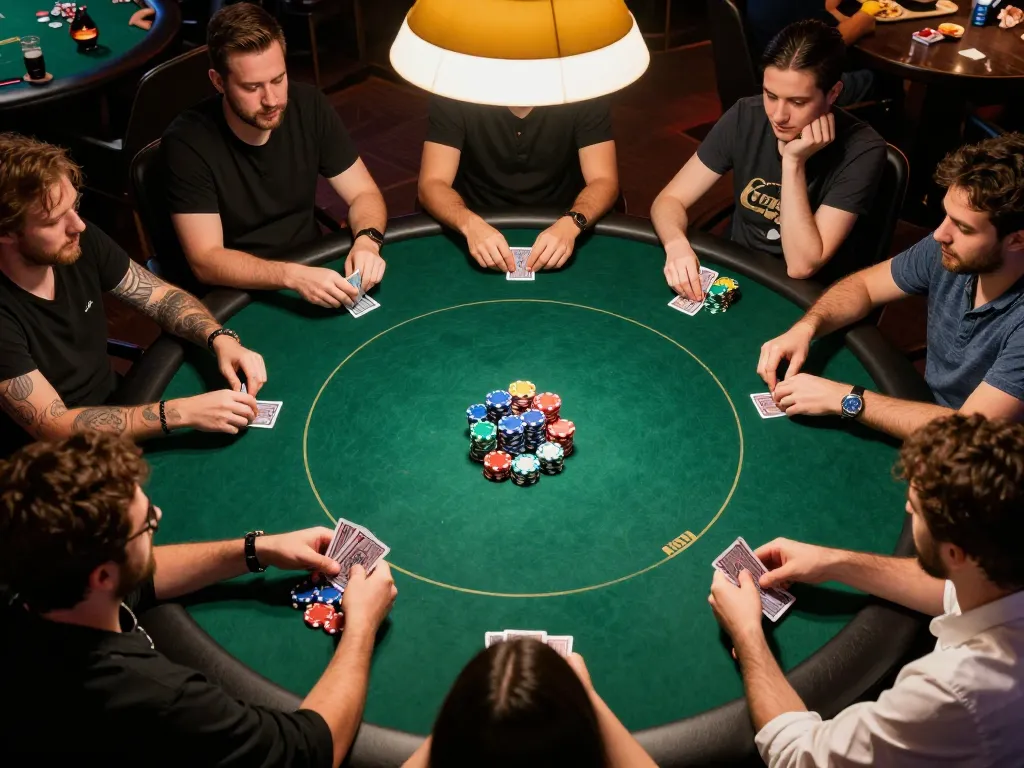 Malam permainan poker yang menarik di rumah bersama teman-teman, menampilkan strategi uxplora dalam permainan