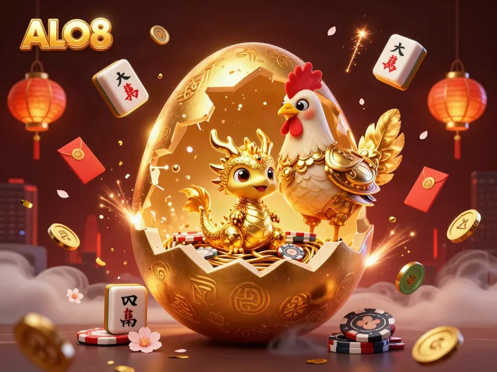 Experience the grandeur of ALO8 as a golden dragon emerges from an egg adorned with poker chips, surrounded by festive elements.