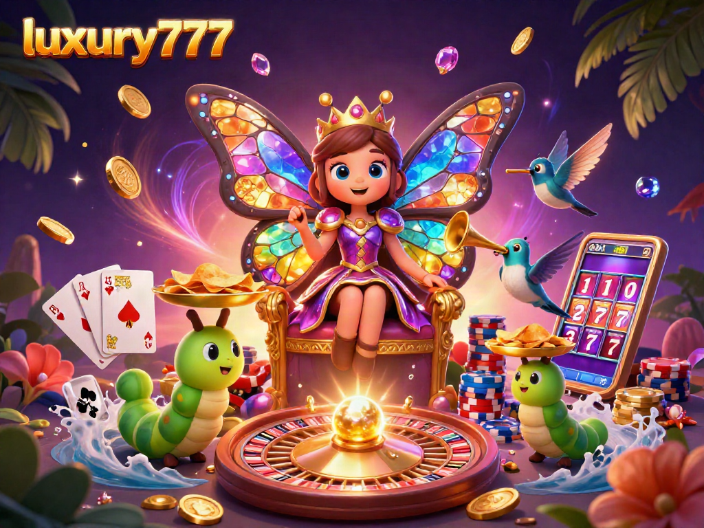 Memainkan luxury777 dengan mesin slot yang memikat dalam ilustrasi 3D penuh warna.