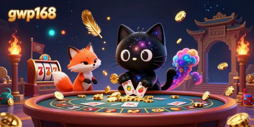 Menggoda pemain dengan permainan slot dan keberuntungan di gwp168, ilustrasi kasino dengan detail tinggi.