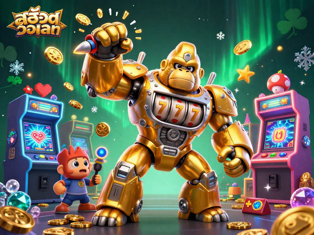 Experience thrilling gaming with สล็อตวอเลท as a golden gorilla mech powers through vibrant 3D arcade scenes.
