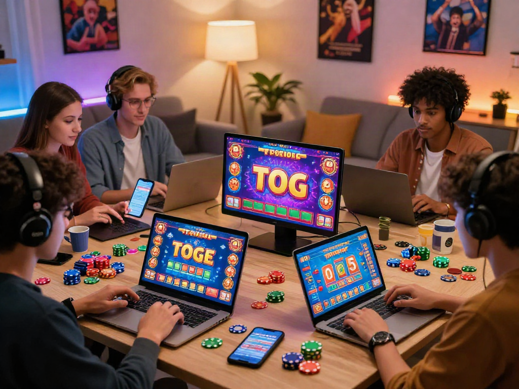 Exciting online gambling scene featuring players engaged with bandar ze togel online games in a vibrant home environment.
