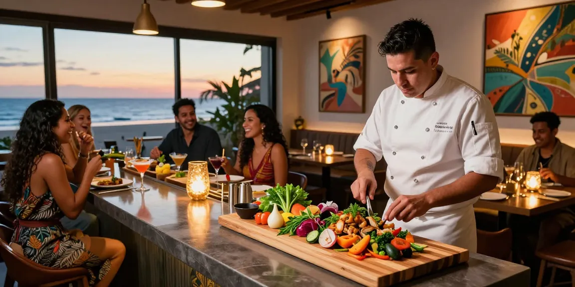 Cocomaya restaurant scene showcasing vibrant Latin-Asian dishes and a lively beach view atmosphere.
