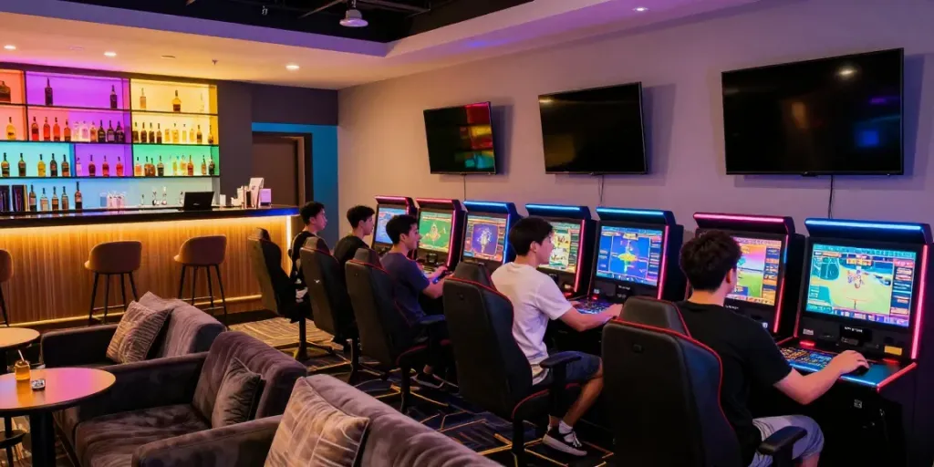 Exciting A80 casino gaming lounge with players at vibrant gaming stations.