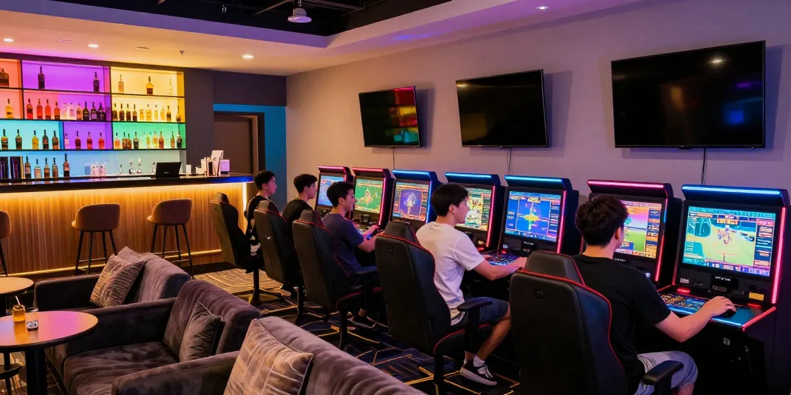 Exciting A80 casino gaming lounge with players at vibrant gaming stations.