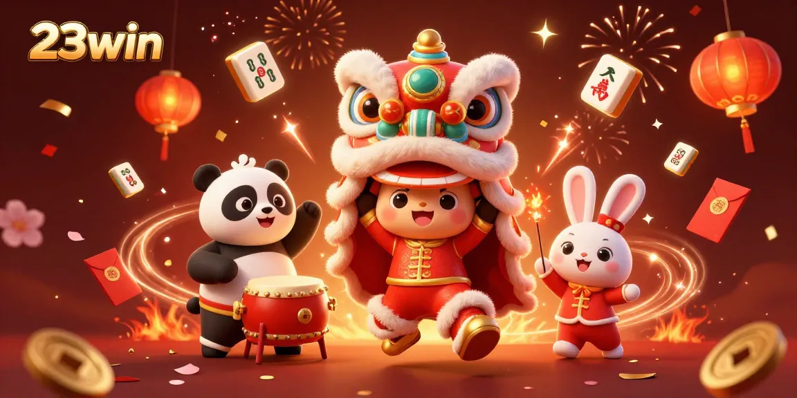 Experience immersive entertainment with 23win's vibrant casino activities, showcasing festive characters.