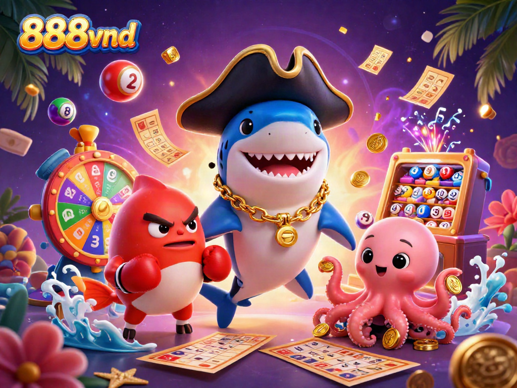 Engage in exciting games with 888vnd featuring a pirate shark, pufferfish, and octopus with vibrant casino elements.