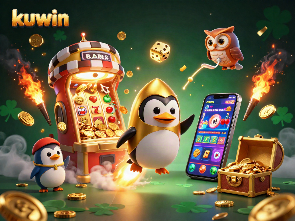 Kuwin's vibrant casino adventure features a golden penguin soaring towards a jackpot slot explosion.