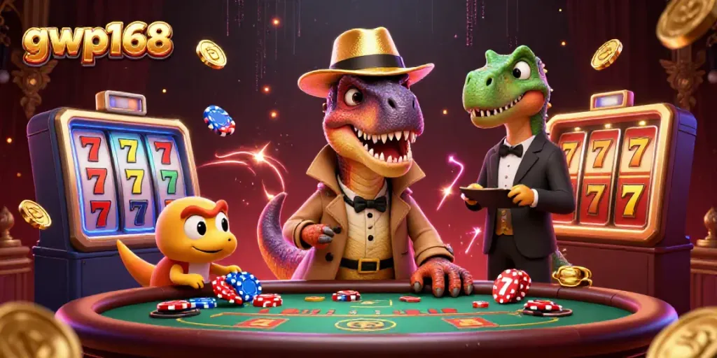Gwp168 menghadirkan ilustrasi dinamis dengan velociraptor di meja blackjack, dikelilingi elemen mesin slot berkilauan.
