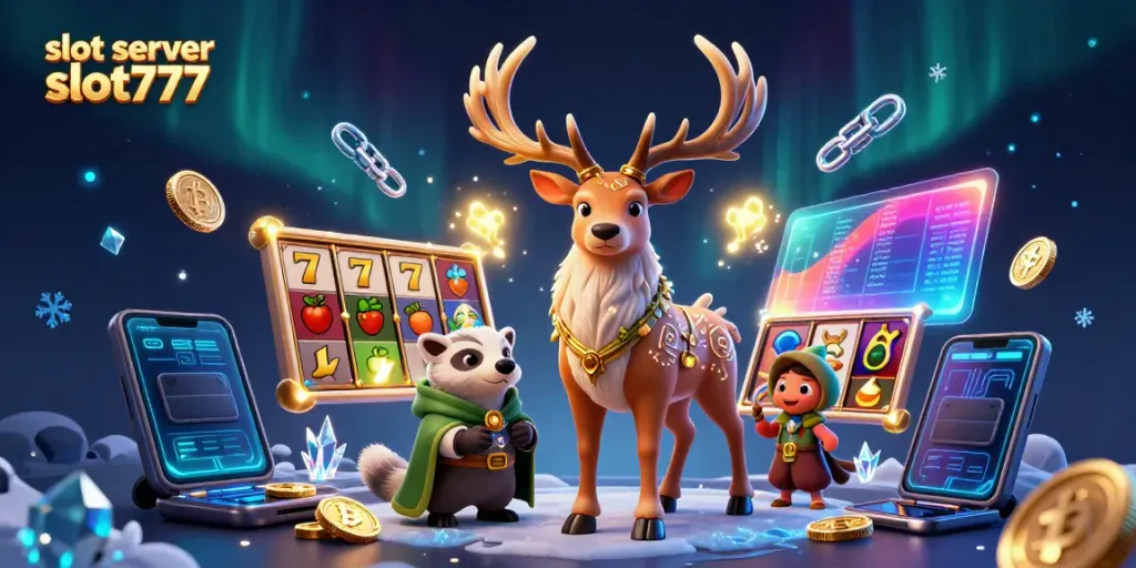 Permainan slot server slot777 dengan simbol keberuntungan dan karakter mistis dalam ilustrasi 3D
