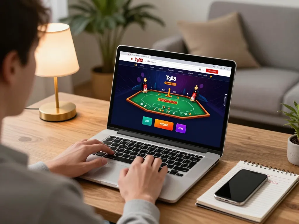 Person gaming on Tg88 com online casino interface at home, showcasing responsible gaming environment.