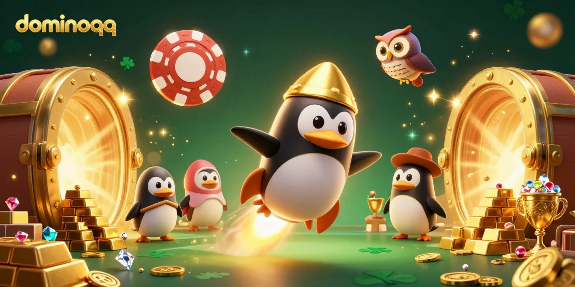Experience the thrill of dominoqq with a golden penguin racing towards a casino world filled with treasures.