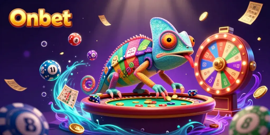 Experience the Onbet casino magic with a vibrant chameleon owner, golden coins, and lottery excitement.