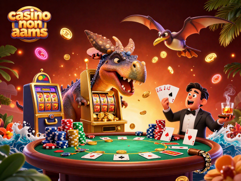 Un'illustrazione vivace che mostra casino non aams, un pachicefalosauro che colpisce una slot machine dorata per vincere monete.