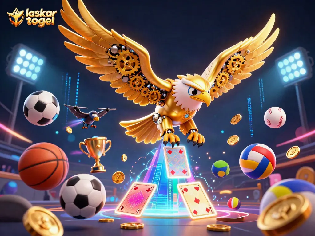 Experience the thrill of laskar togel with cybernetic eagles and dynamic sports elements in this vibrant 3D scene.