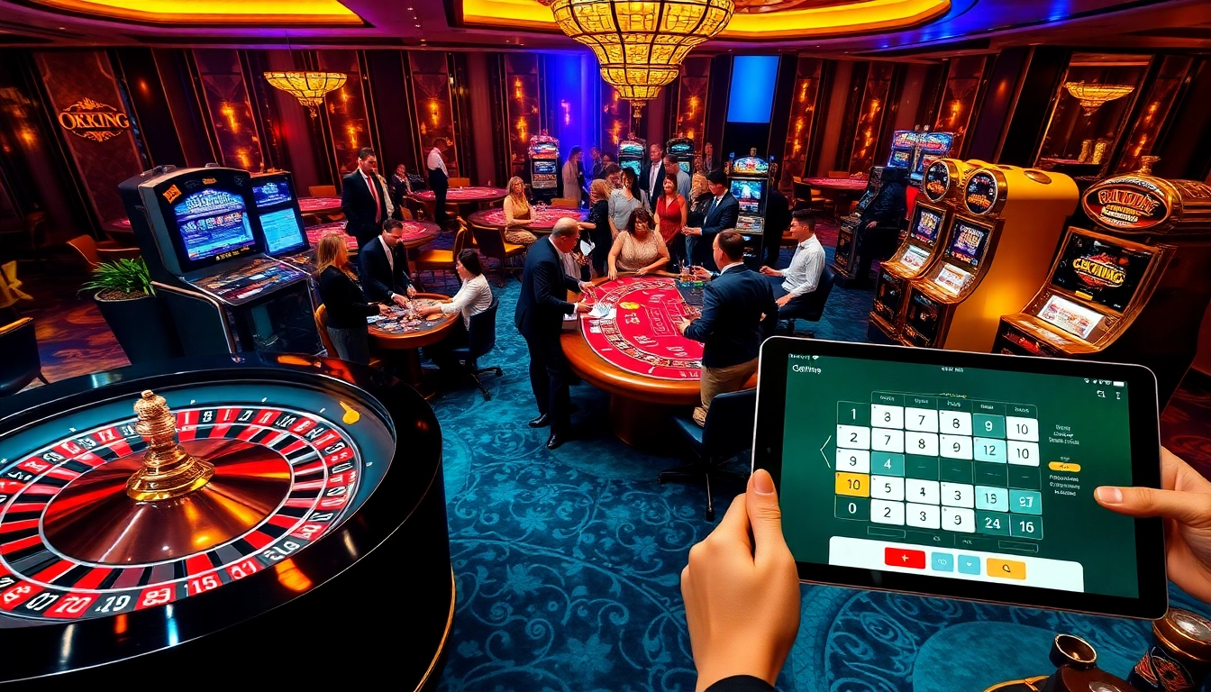 Experience luxury gambling excitement with Okking at vibrant casino tables and roulette wheels.